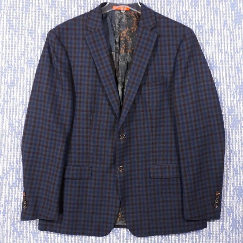 Tallia Blazer Jacket Mens 44 Long Wool Sport Coat Blue Brown Gray